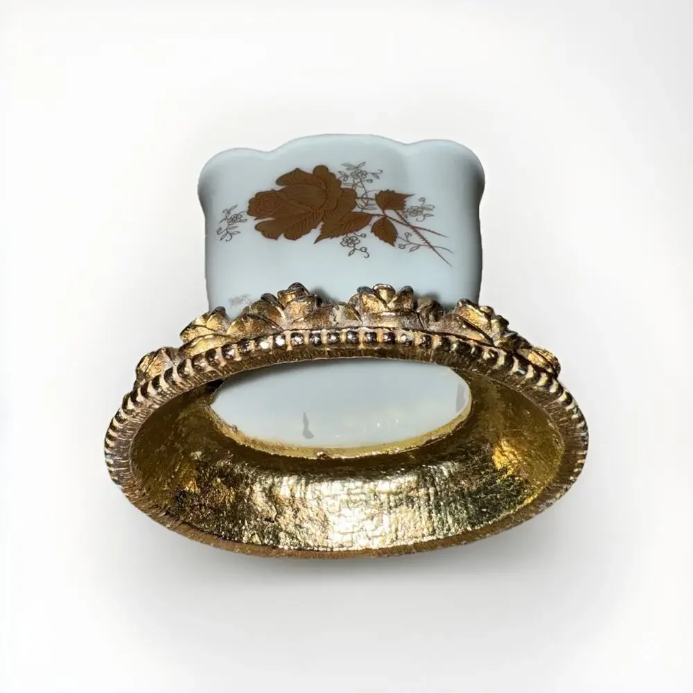 Vintage Heavy porcelain tooth brush holder White With Gold Roses Leaf 3.5 Inch